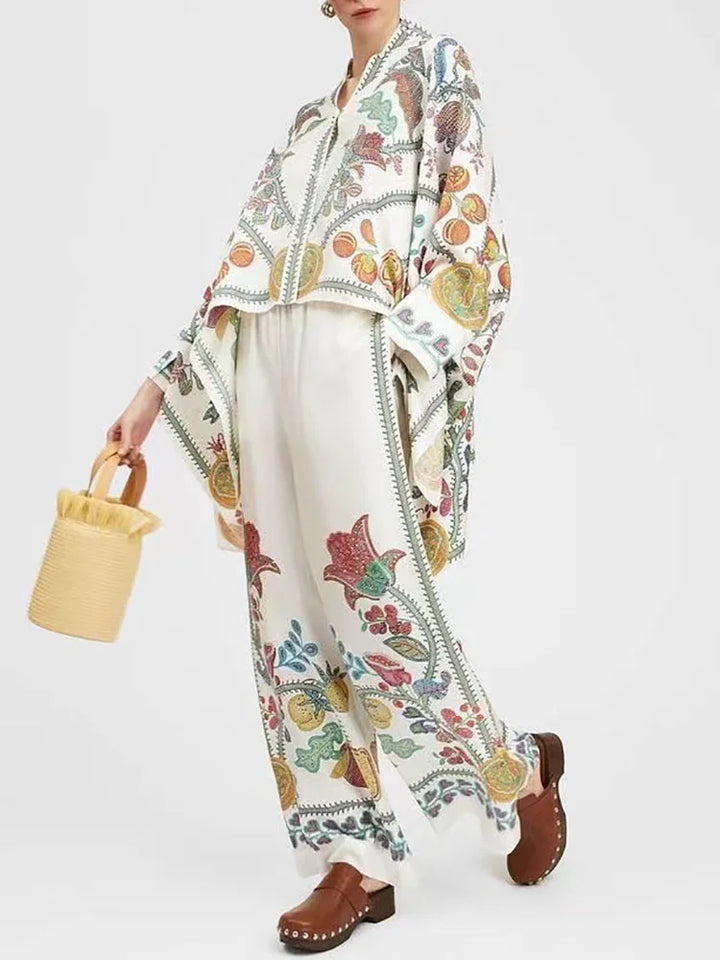 To-delt streetwear-sæt i hør til damer med etnisk print – Samira efterårsudgave