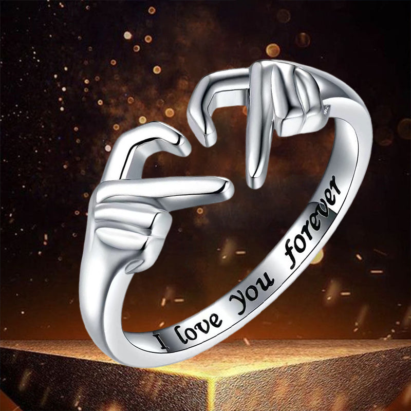 Silberner Ring mit Handgesten, Gravur "I love you forever", romantisches Schmuckgeschenk.