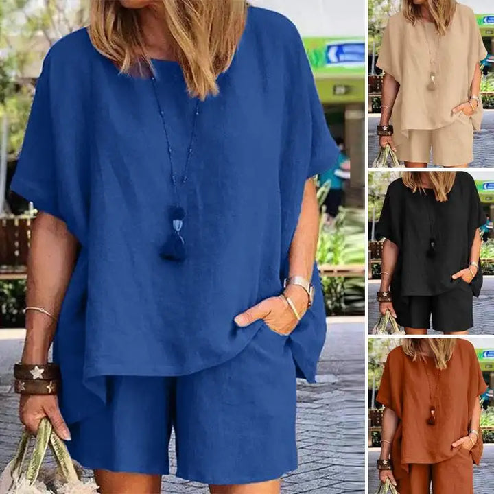Trendy todelt sommersæt i hør med shorts til kvinder – Nayla