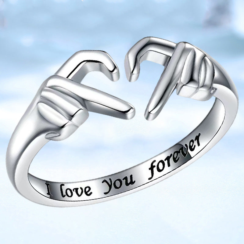 Silberring mit Händen, Gravur "I love you forever", romantisches Schmuckgeschenk.