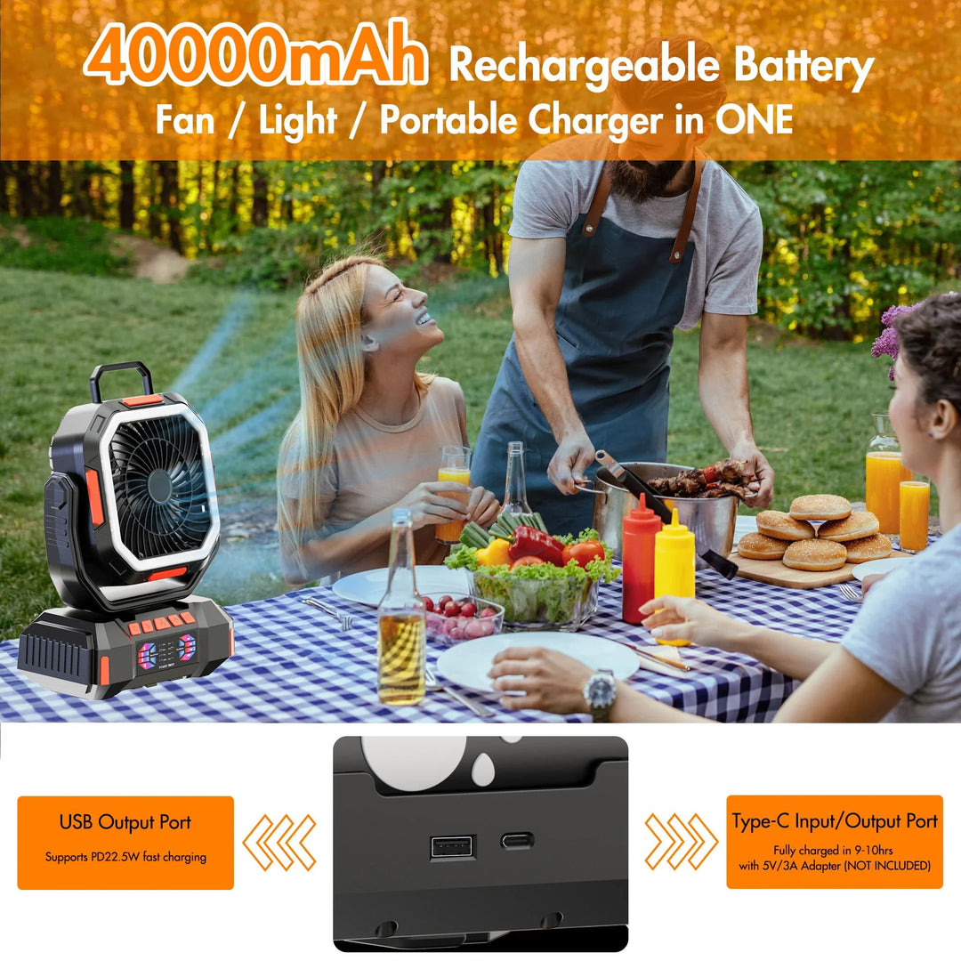 Genopladelig campingvifte med 40000mAh batteri og LED lygte – F22