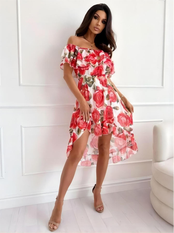 Off-shoulder minikjole med flæser – Lina