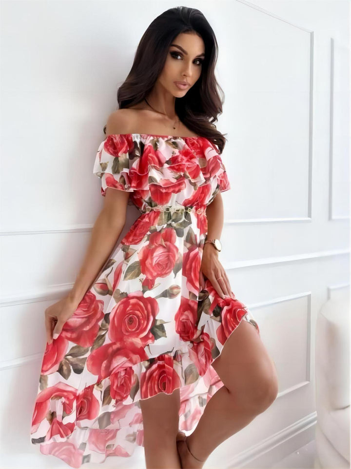 Off-shoulder minikjole med flæser – Lina