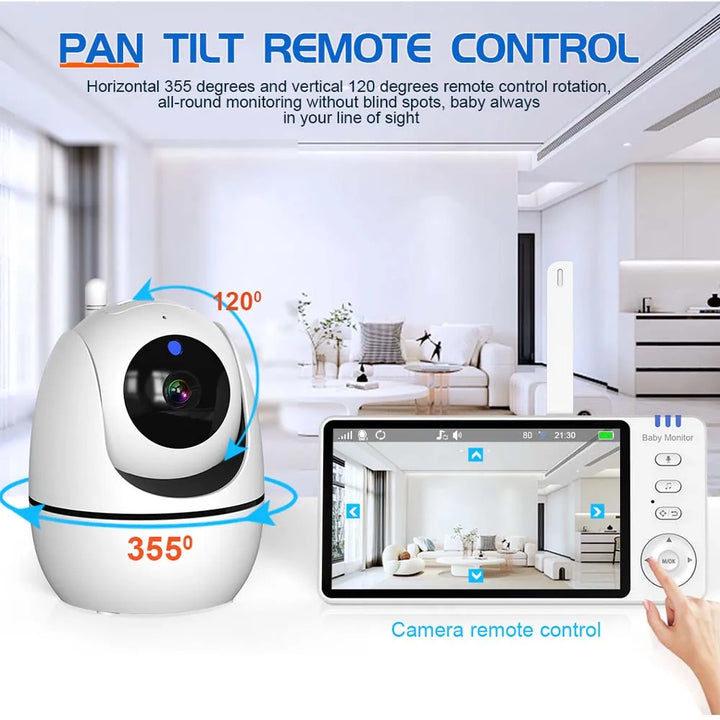 5-tommer HD video babymonitor med kamera, PTZ zoom og nattesyn