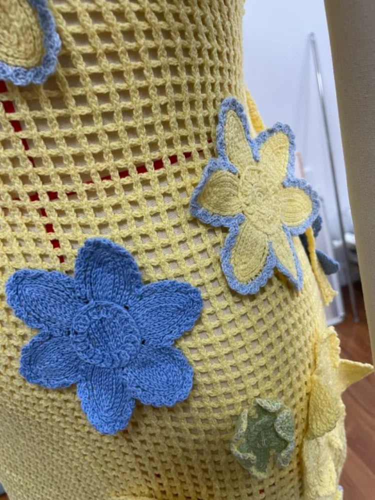 Gul hæklet sommerminikjole med blomsterbroderi til damer – Nari