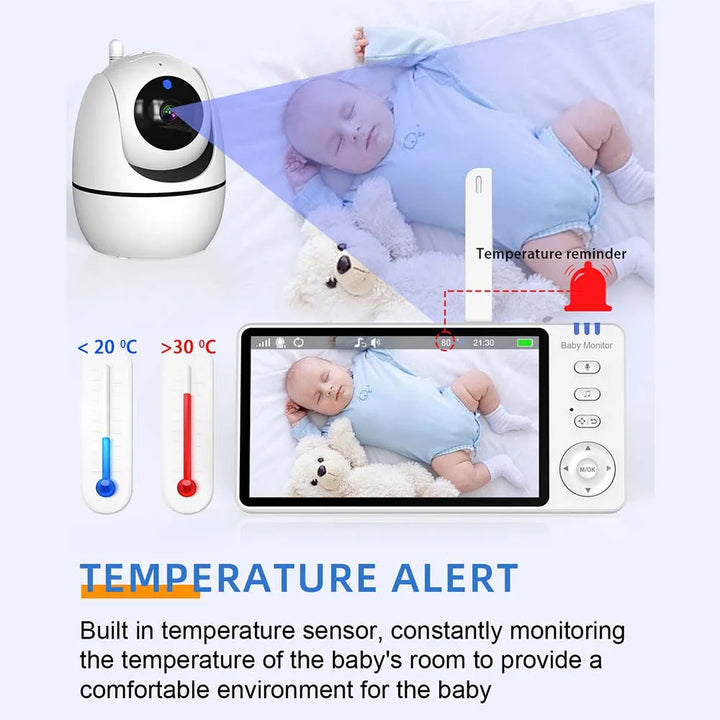 5-tommer HD video babymonitor med kamera, PTZ zoom og nattesyn