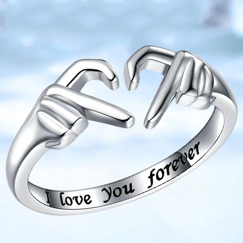 Silberring mit Händen, Gravur "I love you forever", romantisches Schmuckgeschenk.