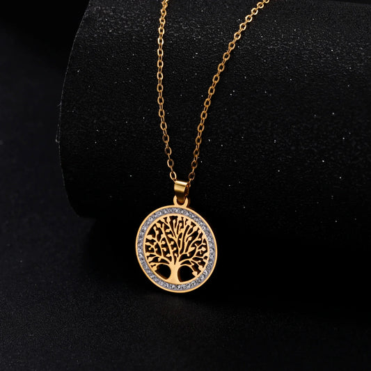 Goldener Lebensbaum-Anhänger mit Zirkonia, filigranes Design, Damen-Halskette, Schmuckgeschenk.