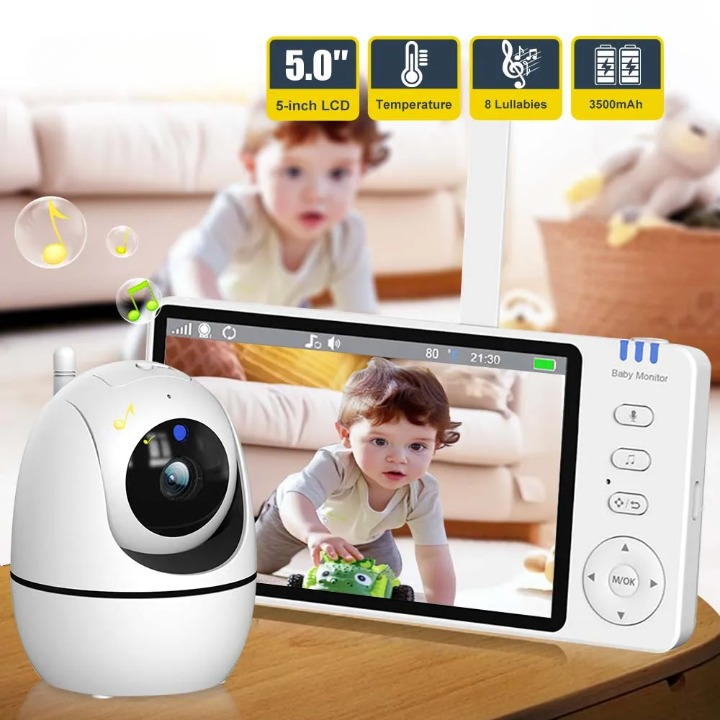 5-tommer HD video babymonitor med kamera, PTZ zoom og nattesyn