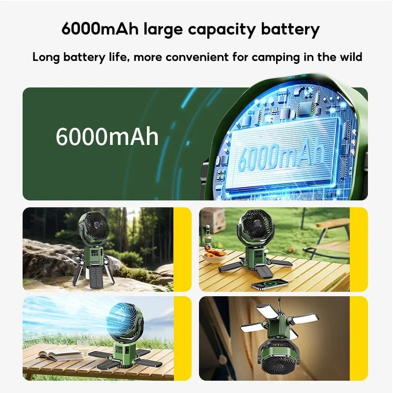 Solart campingvifte med 6000mAh batteri, LED-lys og 4-hastigheds køling – SunBreeze