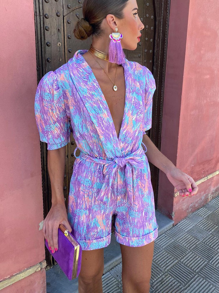 Trendy festivalprint playsuit med bælte – Leona