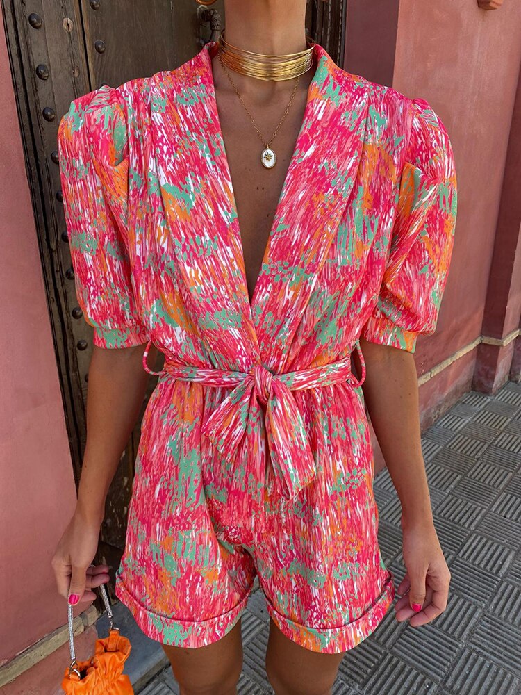 Trendy festivalprint playsuit med bælte – Leona