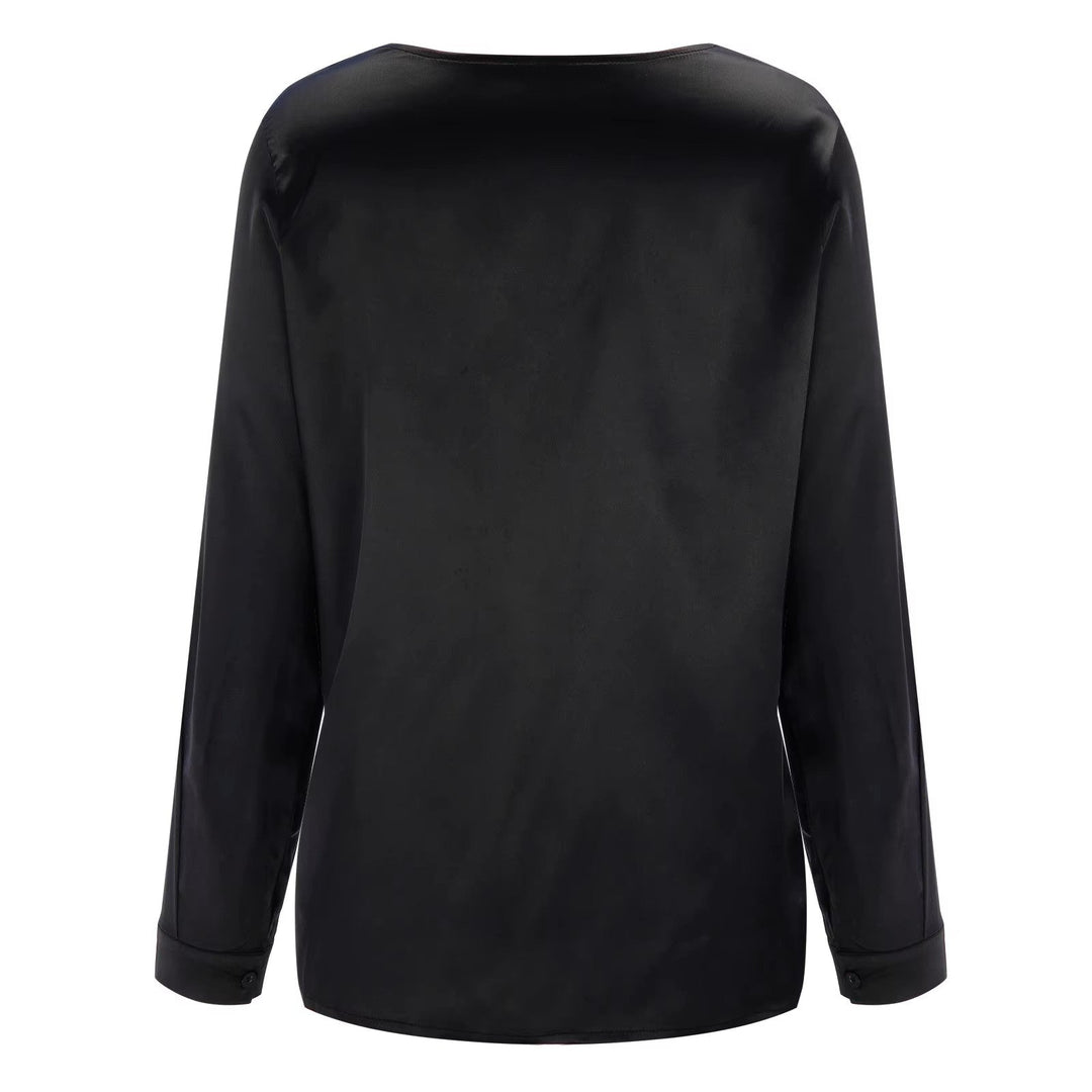 Efterårs-satin damebluse med dyb V-udskæring og lange ærmer – Daria
