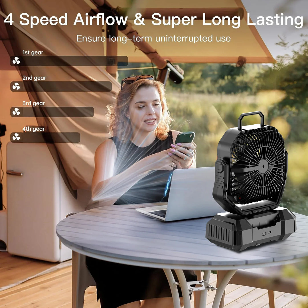Genopladelig campingvifte med 40000mAh batteri og LED lygte – F22