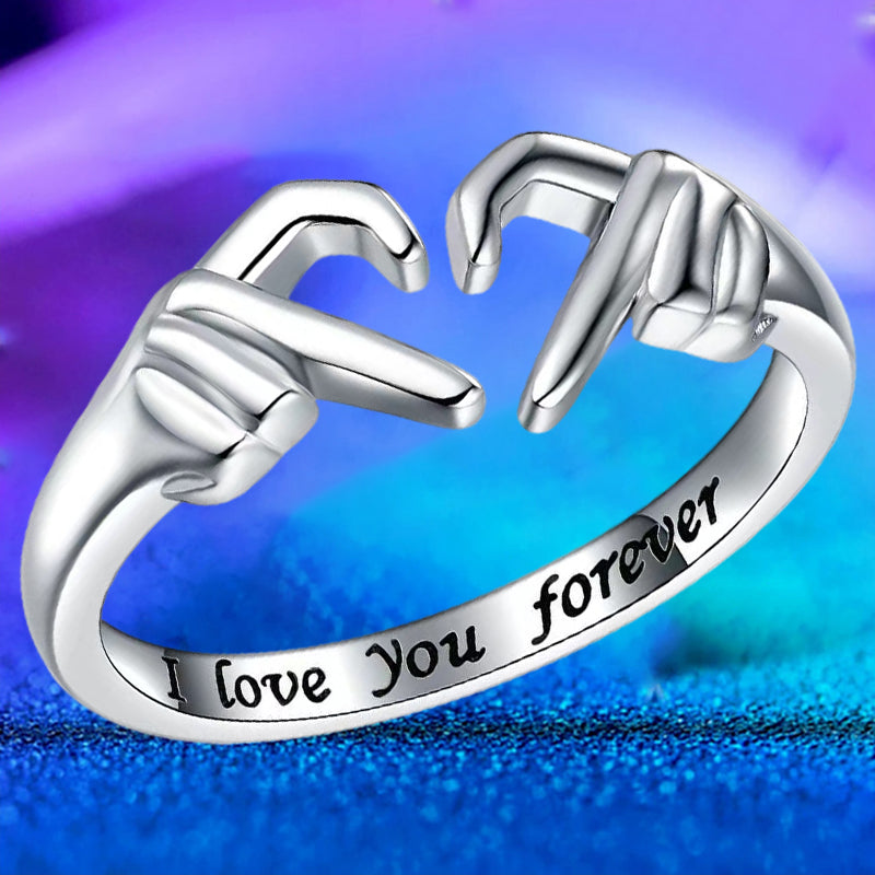 Silberner Ring mit Handzeichen-Design, Gravur "I love you forever", romantisches Schmuckstück.