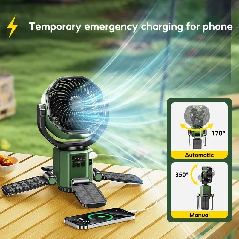 Solart campingvifte med 6000mAh batteri, LED-lys og 4-hastigheds køling – SunBreeze