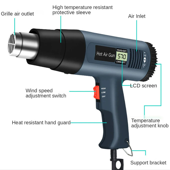 2000W industriel elektrisk varmepistol med digital LCD-skærm justerbar temperatur – ProTherm