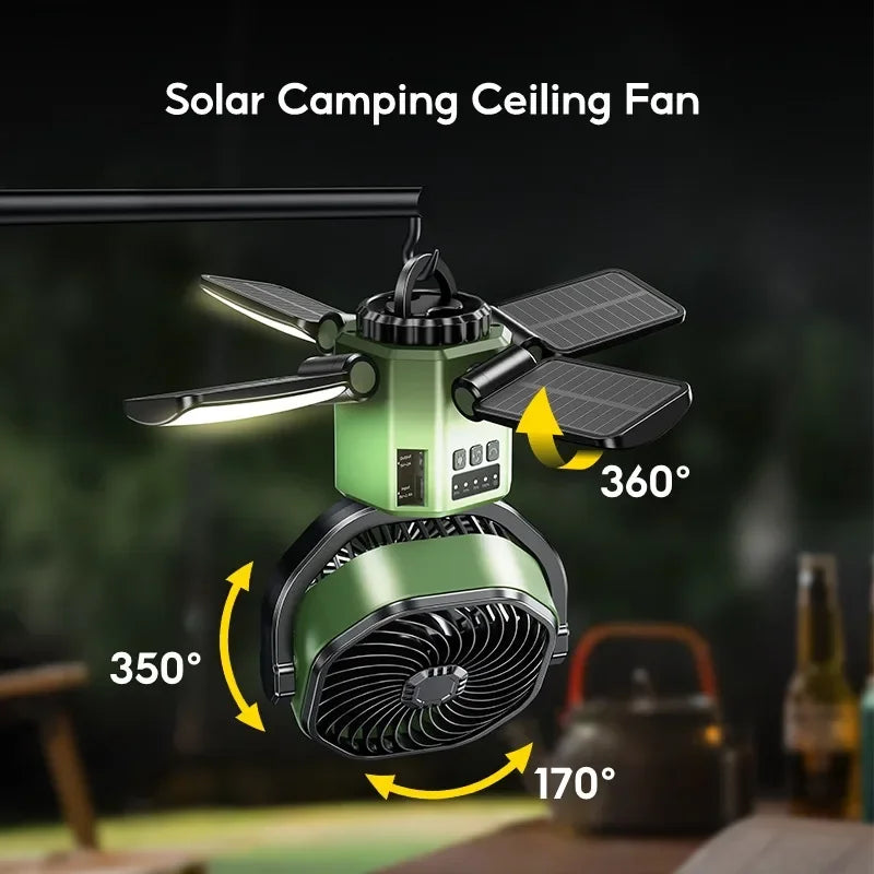 Solart campingvifte med 6000mAh batteri, LED-lys og 4-hastigheds køling – SunBreeze
