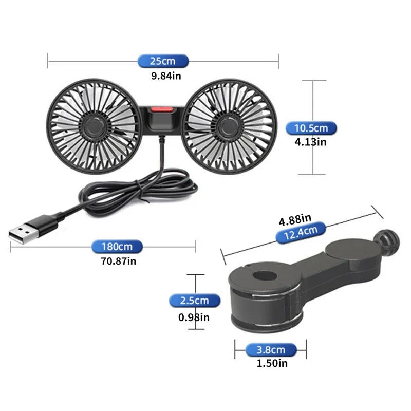 Bærbar USB Dual-Head bilventilator 360° roterbar med 3 hastigheder – CoolBreeze