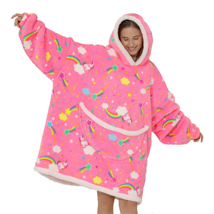 Over-sized fleece tæppe med hætte og lommer – SnugJoy