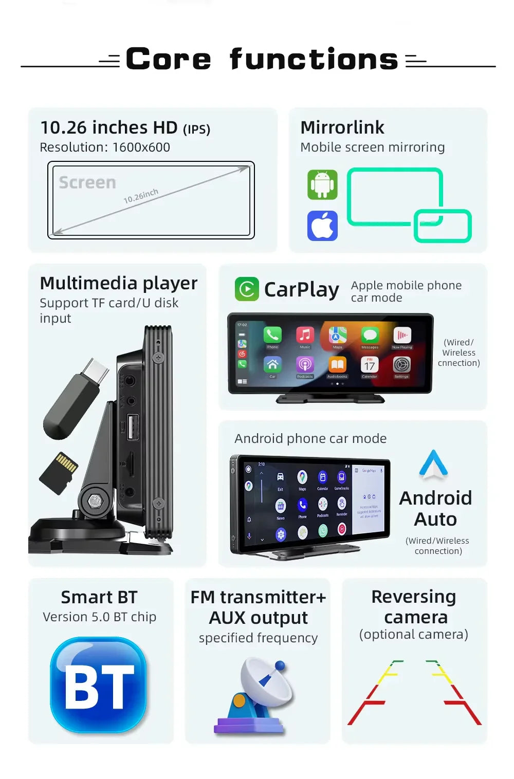 Universal 10,26-tommer (26,06 cm) bilmultimediaafspiller med trådløs CarPlay og Android Auto