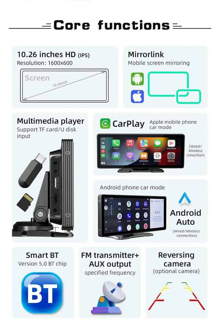 Universal 10,26-tommer (26,06 cm) bilmultimediaafspiller med trådløs CarPlay og Android Auto