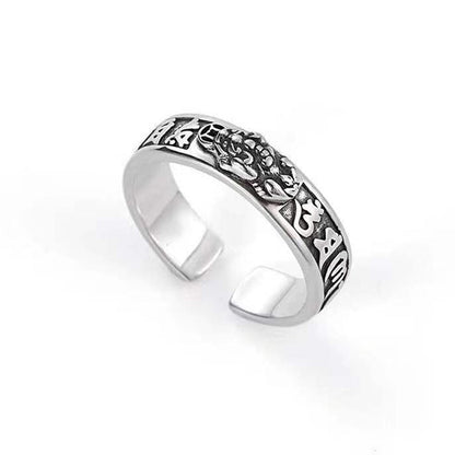 Silberner verstellbarer Ring mit tibetischen Symbolen, Unisex-Schmuck, Edelstahl.