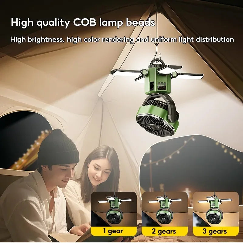Solart campingvifte med 6000mAh batteri, LED-lys og 4-hastigheds køling – SunBreeze
