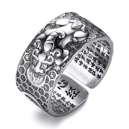 Silberner Drachenring mit chinesischen Schriftzeichen, verstellbar, Herren-Schmuck, Vintage-Stil.