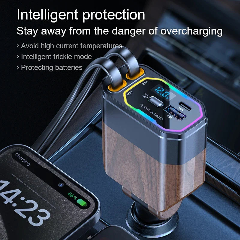 120W 4-i-1 Udtrækkelig Biloplader med USB-C & Cigaretlighteradapter – Vega