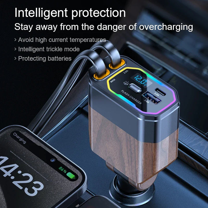 120W 4-i-1 Udtrækkelig Biloplader med USB-C & Cigaretlighteradapter – Vega