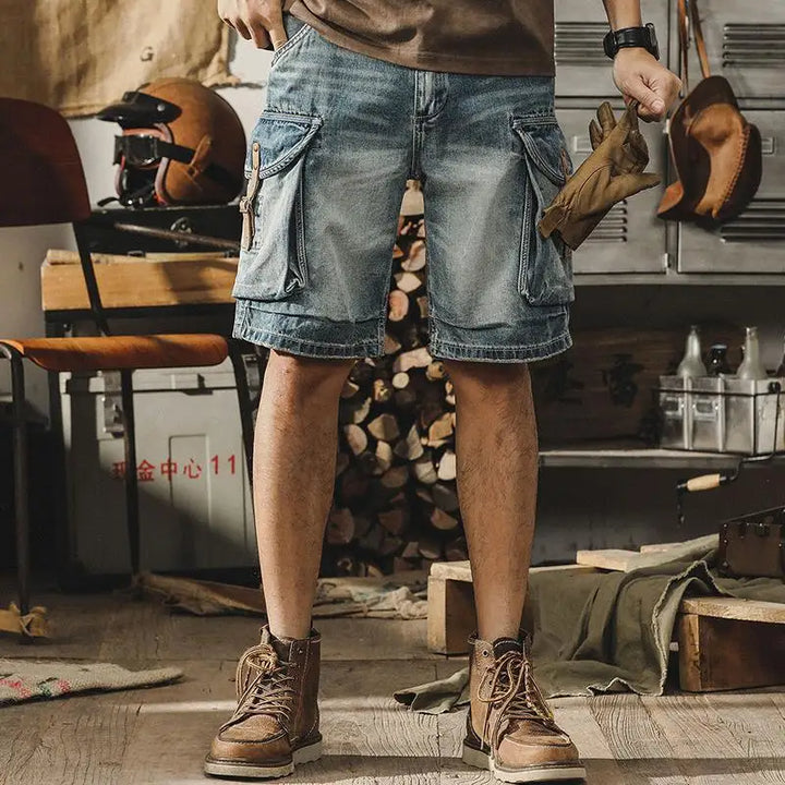 Herre denim-cargo-bermudashorts i retro motorcykelstil – Ronex