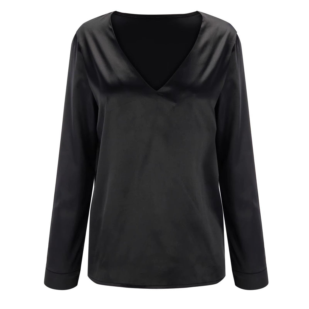 Efterårs-satin damebluse med dyb V-udskæring og lange ærmer – Daria
