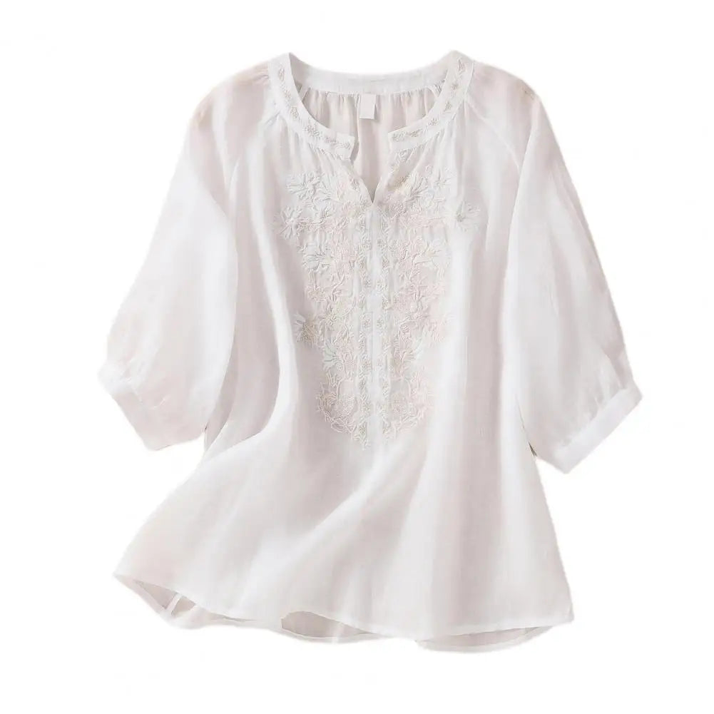 Broderet sommerbluse i bomuld til damer – Ysolde