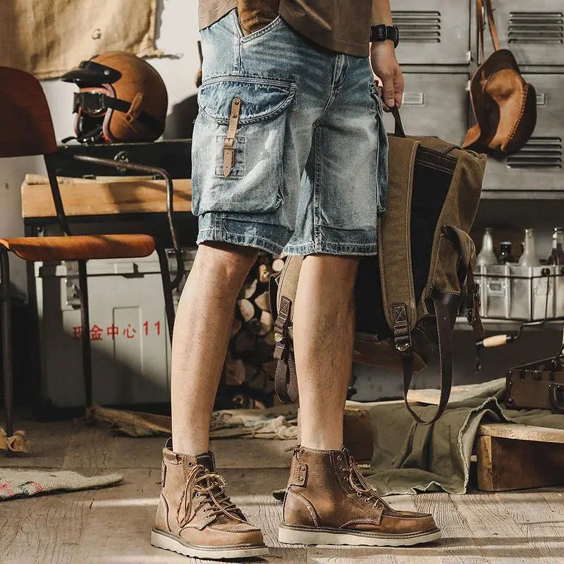 Herre denim-cargo-bermudashorts i retro motorcykelstil – Ronex