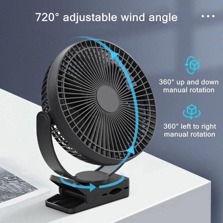 Bærbar USB-genopladelig ventilator med 10000mAh batteri og klips – Zephyr