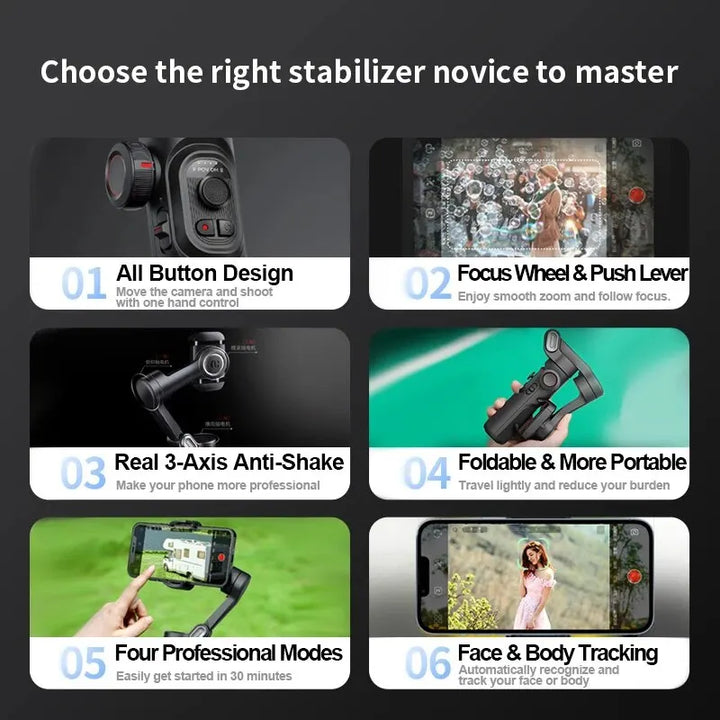 3-aksers smartphone gimbal stabilisator med AI tracking og ansigtsgenkendelse – Alvion