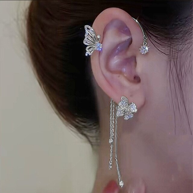 Silberne Strass-Schmetterling Ohrclips, funkelnde Zirkonia, ohne Piercing, für Frauen.