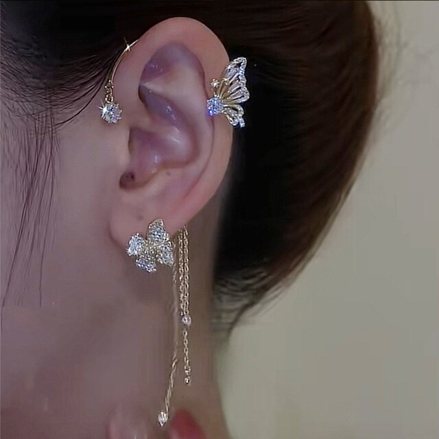 Silberne Strass Schmetterling Ohrclips, funkelnde Zirkonia, ohne Piercing, für Frauen.