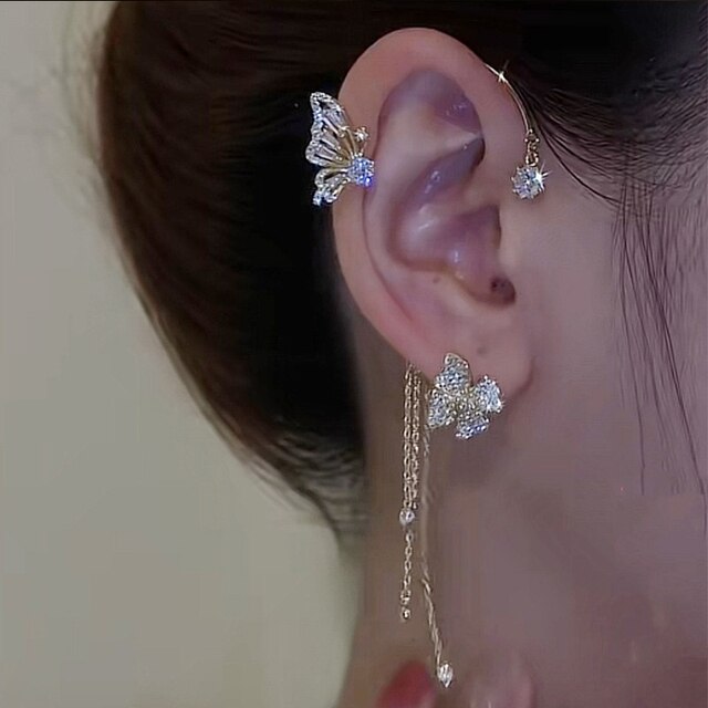 Silberne Schmetterling Ohrclips ohne Piercing, funkelnde Zirkonia, modischer Ohrschmuck für Frauen.