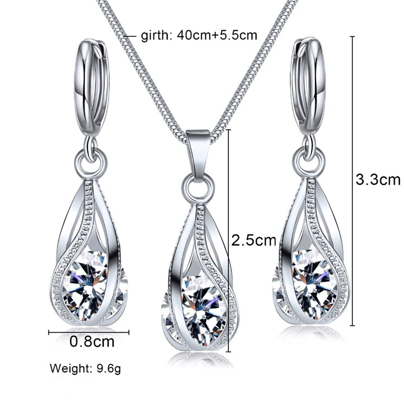 Silberne Halskette und Ohrringe Set mit Zirkonia, elegantes Schmuckdesign, Maße angegeben.
