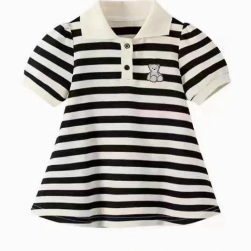Striped Short-Sleeved A-Line Polo Dress - Cubbela