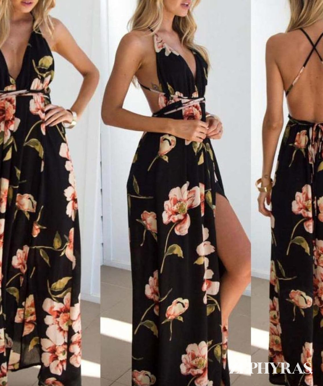 Sort sommerkjole med blomsterprint og løs pasform – Mayra