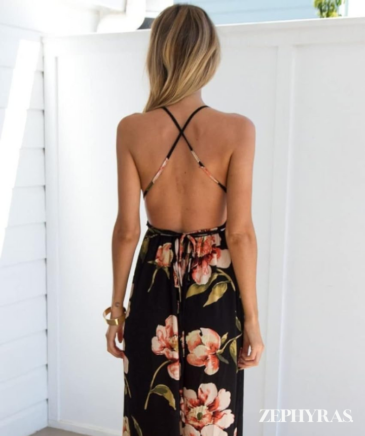Sort sommerkjole med blomsterprint og løs pasform – Mayra