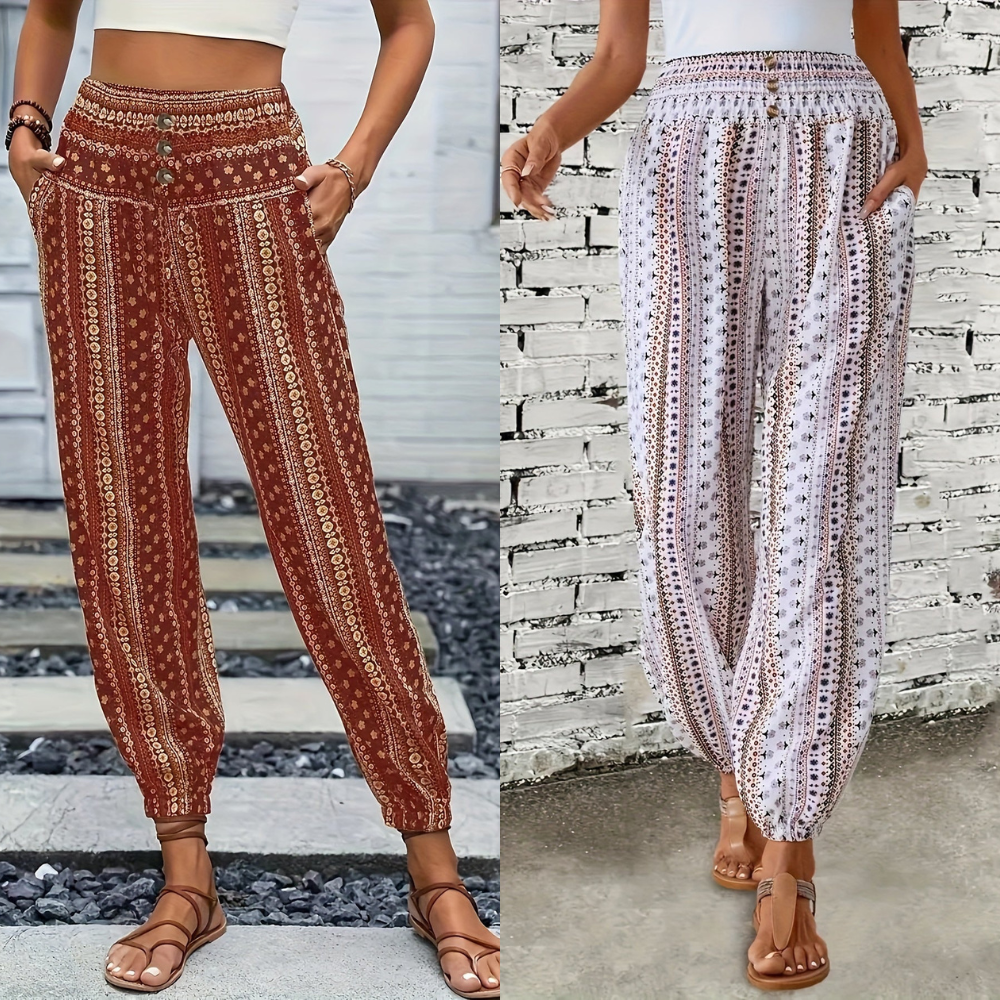 Boho high-waist damebukser med print og smocket linning – Linara