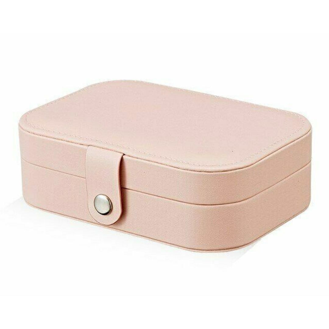 Rosa Schmuckkästchen aus Leder mit Druckknopfverschluss, rechteckig, elegant und kompakt.
