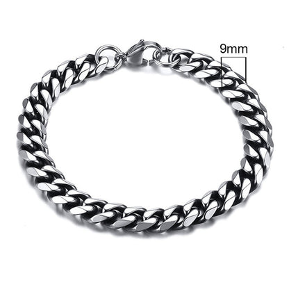 Herrenarmband aus Edelstahl, 9mm breite kubanische Panzerkette, silberfarben.