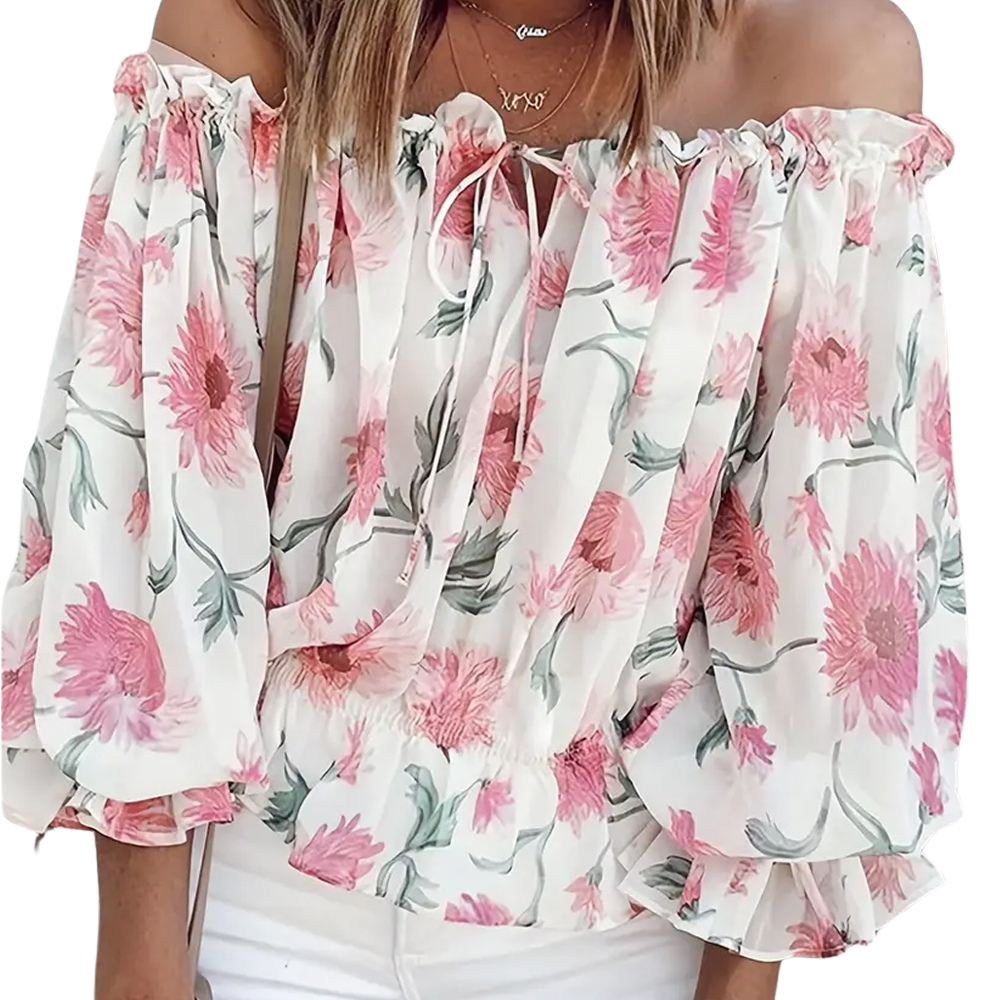 Off-shoulder blomsterbluse med flæser – Fayenne