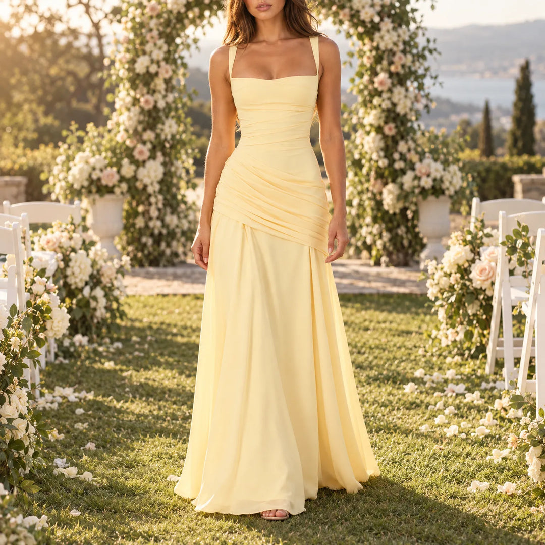 Wedding Guest Maxi Dress With Square Neck, Gathered Waist & Back Lace-Up