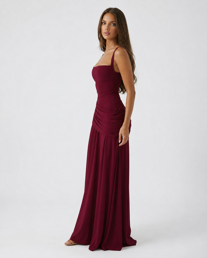 Wedding Guest Maxi Dress With Square Neck, Gathered Waist & Back Lace-Up